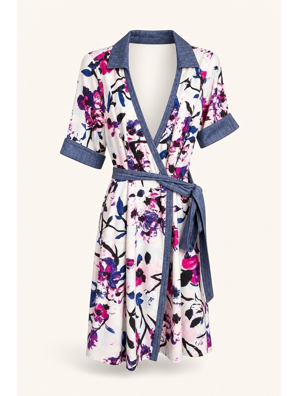 Ivanka Trump Women's Chambray Trimmed Short Sleeve Floral Wrap Dress Size 10
